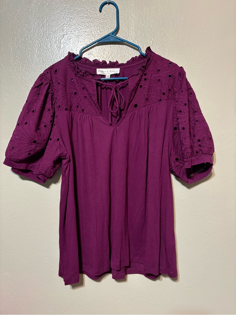 Women's Purple Eyelet Sleeve Tie-Neck Top Size 1X/TG